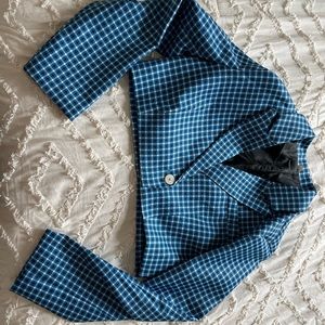 Plaid single bottom blue crop blazer